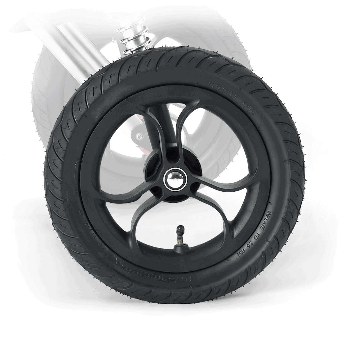 12-inch Nipper rear wheel with black pneumatic tyre, black spokes and central wheel hub