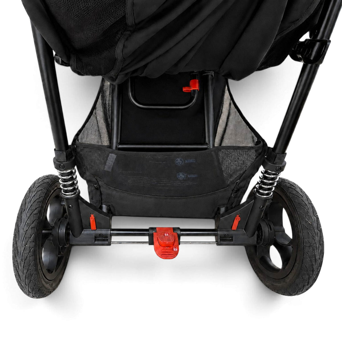 Rear view of single storage basket fitted to an Out 'n' About Nipper Single buggy