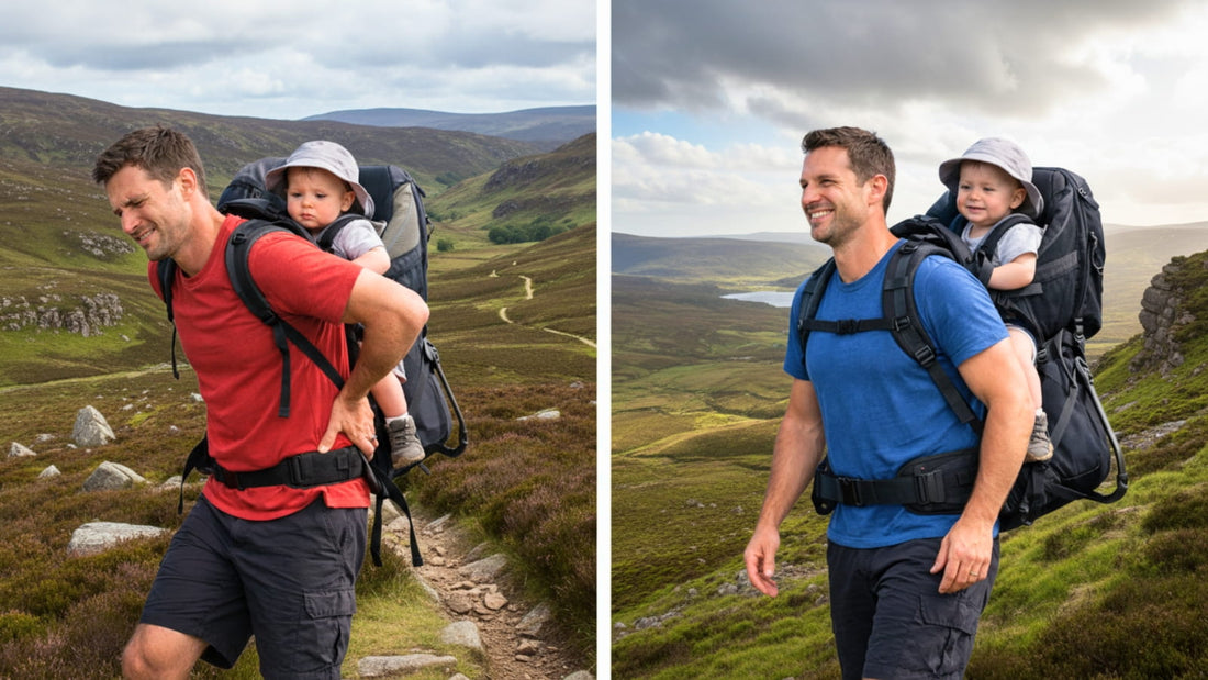 Side-by-side image of a dad hiking with a baby carrier backpack on a countryside trail, showing poor fit and back pain on the left and comfortable, well-fitted support on the right during a long walk