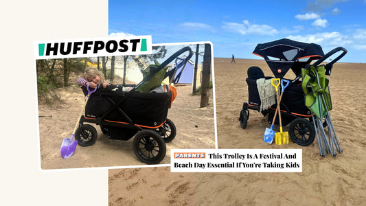 Out’n’About Nipper Wagon featured by HuffPost Parents as a festival and beach day essential for families with kids.