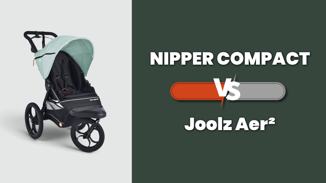 Pebble Mint Out ’n’ About Nipper Compact pushchair with Nipper Compact vs Joolz Aer² comparison graphic