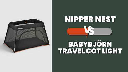 Nipper Nest vs BabyBjörn Travel Cot Light comparison graphic showing the Nipper Nest travel cot product image.