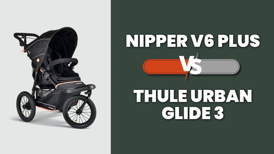 Comparison graphic showing the Nipper V6 Plus pushchair on the left with large text reading “Nipper V6 Plus vs Thule Urban Glide 3” on the right