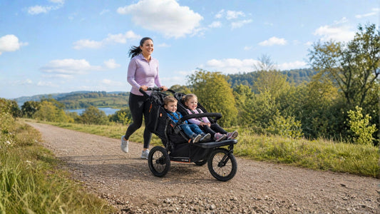 Woman on a UK trail showing how to run with a double buggy using the Out ’n’ About Nipper Double V6 Plus