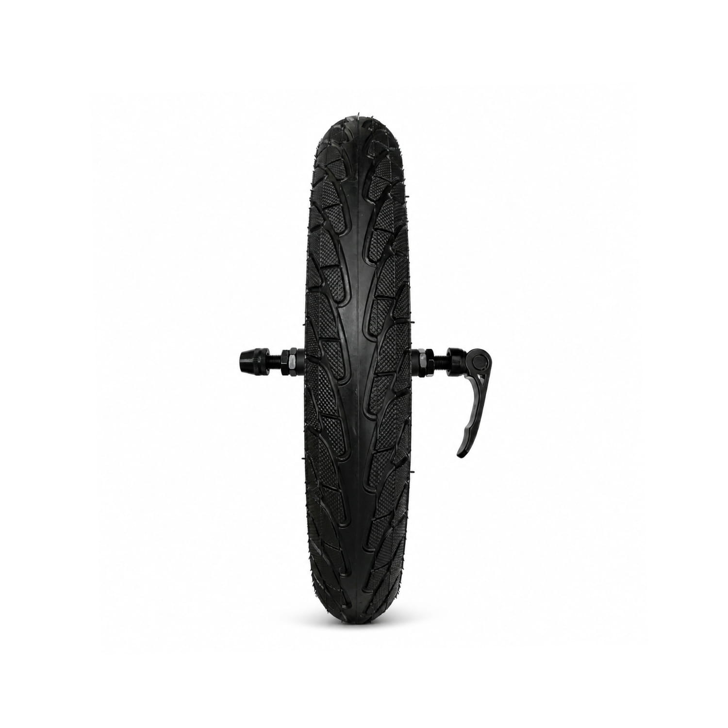 12-inch Nipper V6 front wheel with quick-release axle, shown upright