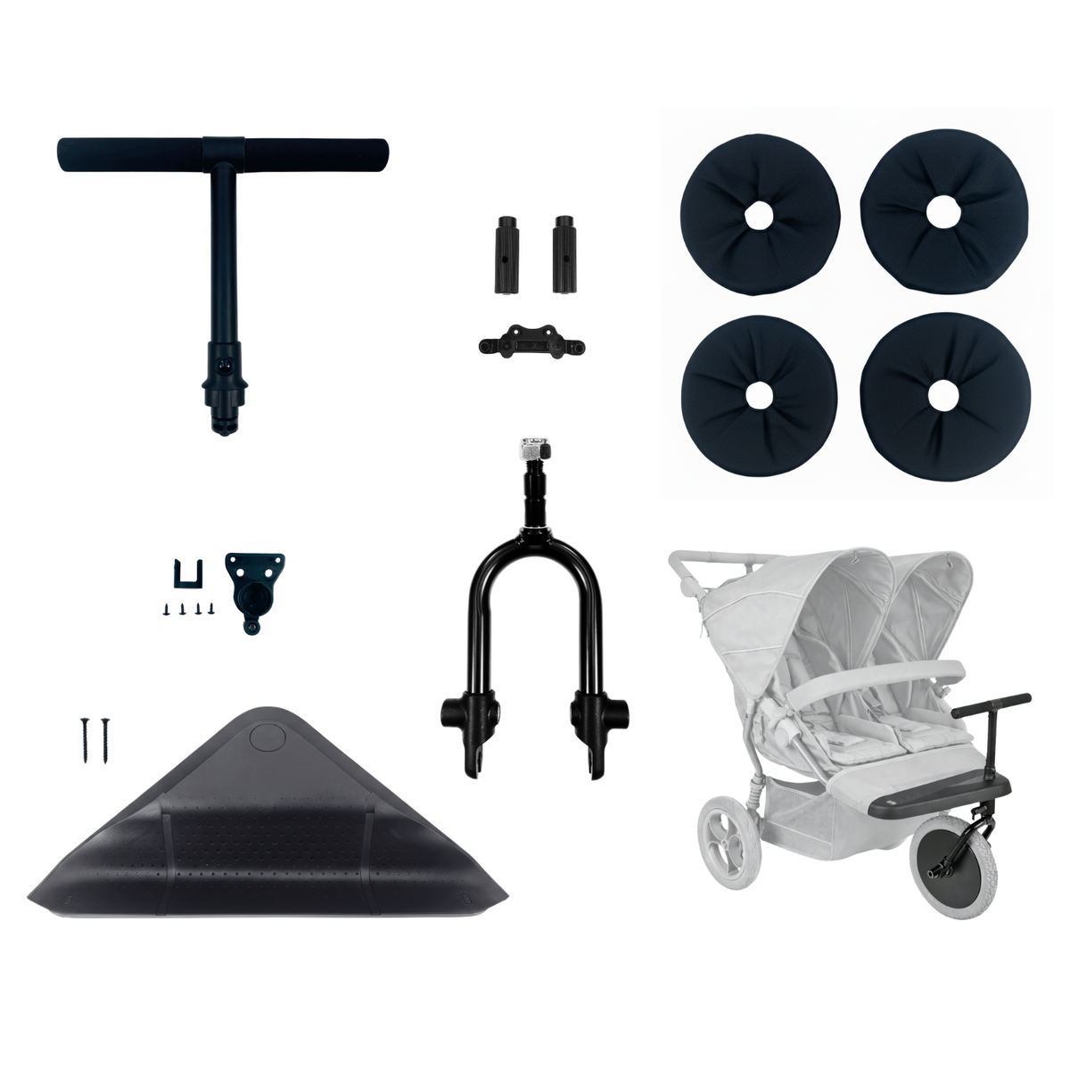 Double Front Rider Pack contents: handle bar, footplate, wheel covers, foot pegs and fixings, with the pack fitted to a pushchair