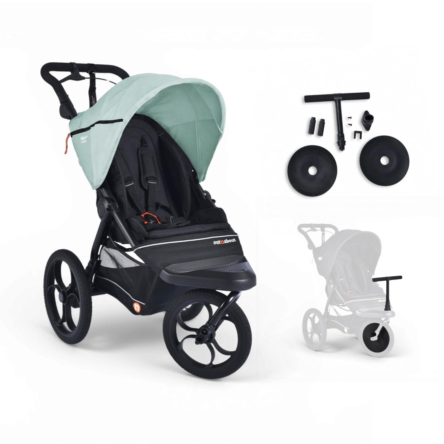 Nipper Compact in Pebble Mint with the Front Rider kit displayed, and a greyed-out buggy showing the accessory fitted.