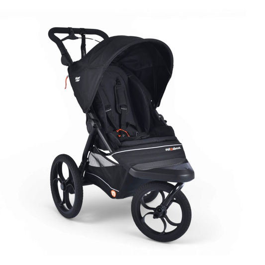 Out 'n' About Nipper Compact in Summit Black, front three-quarter studio view with hood raised