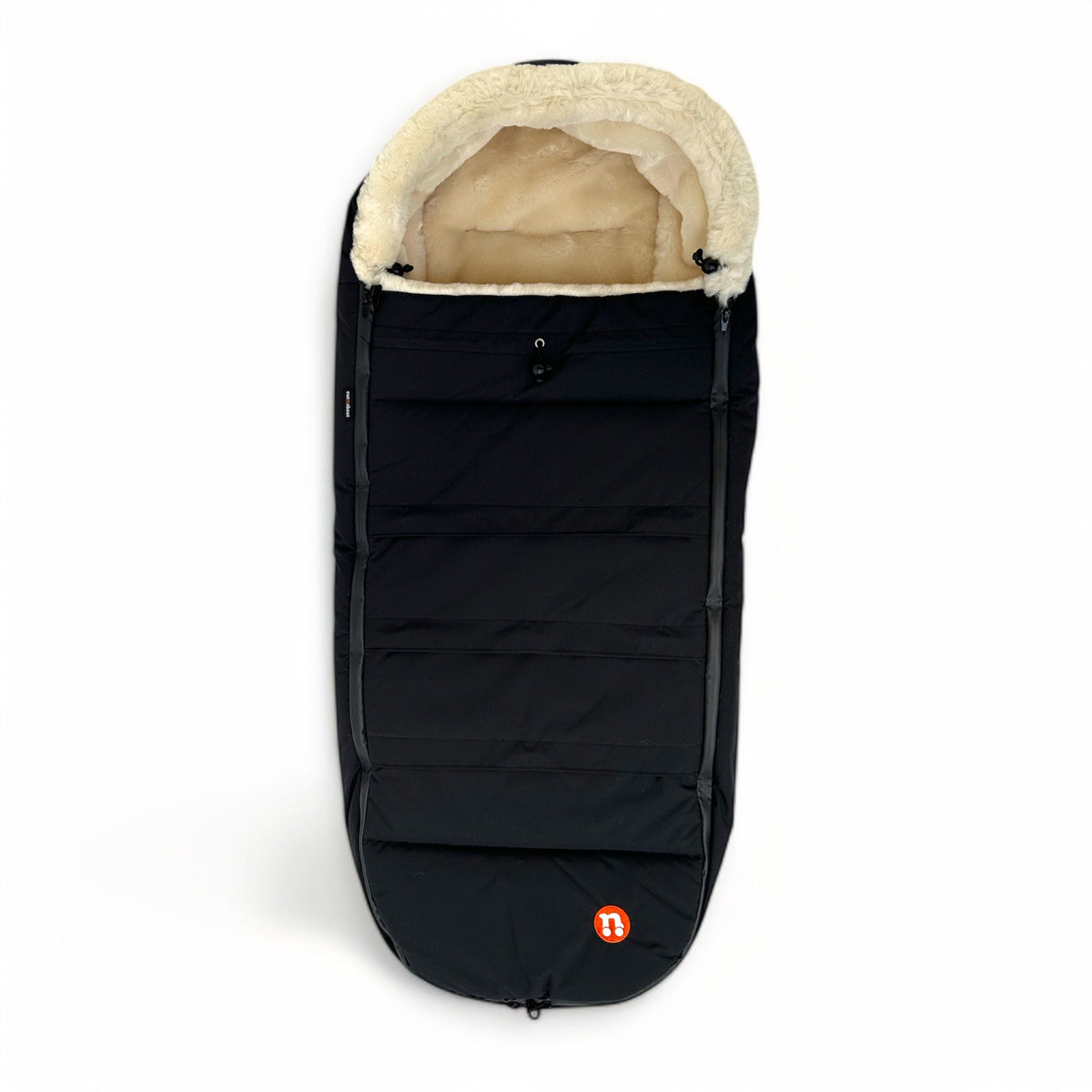 Summit Black Nipper Footmuff Summit Edition zipped closed with the sheepskin hood lining, seen from the front