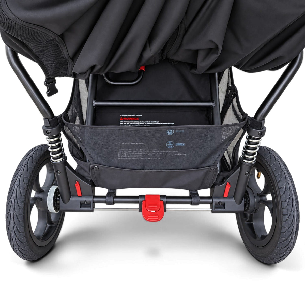Rear view of double storage basket fitted to an Out 'n' About Nipper Double buggy