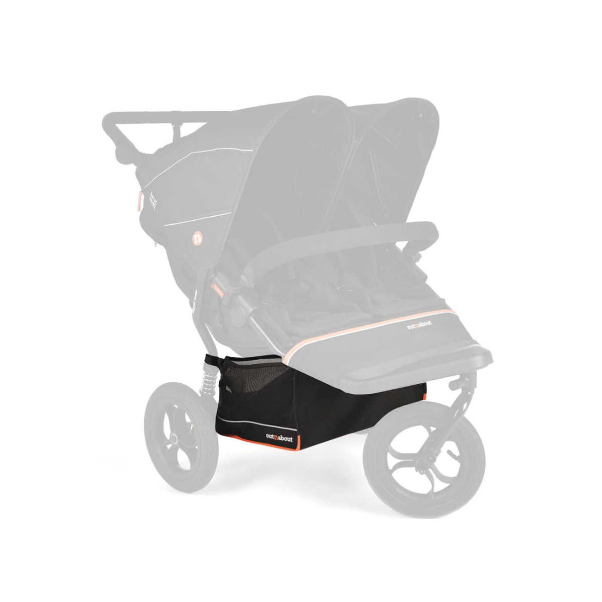 Double storage basket fitted underneath an Out 'n' About Nipper Double buggy greyed out