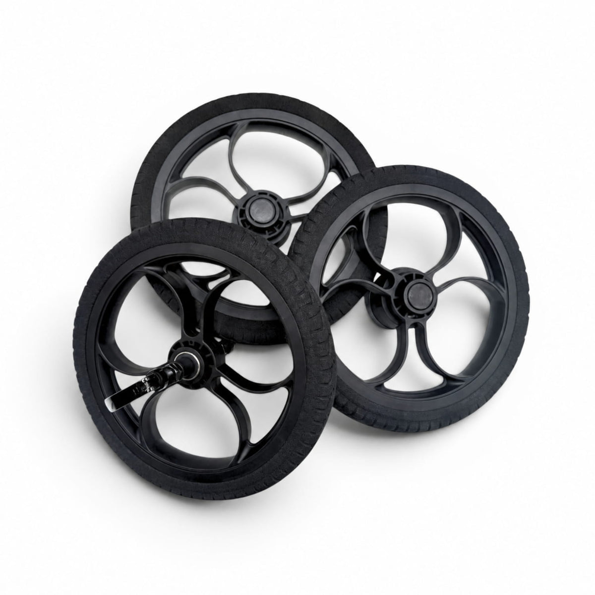 Three 12 inch ETPU Magic Wheels Wheels with multi-spoke rims and treaded tires, arranged on a clean white background
