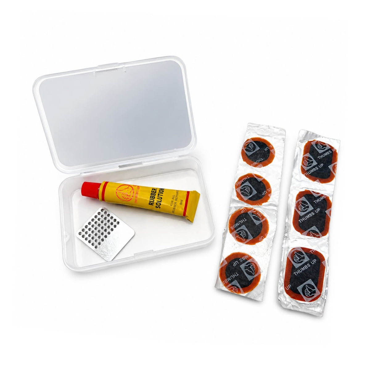 Out ’n’ About puncture repair kit with patches, rubber solution and tyre roughener