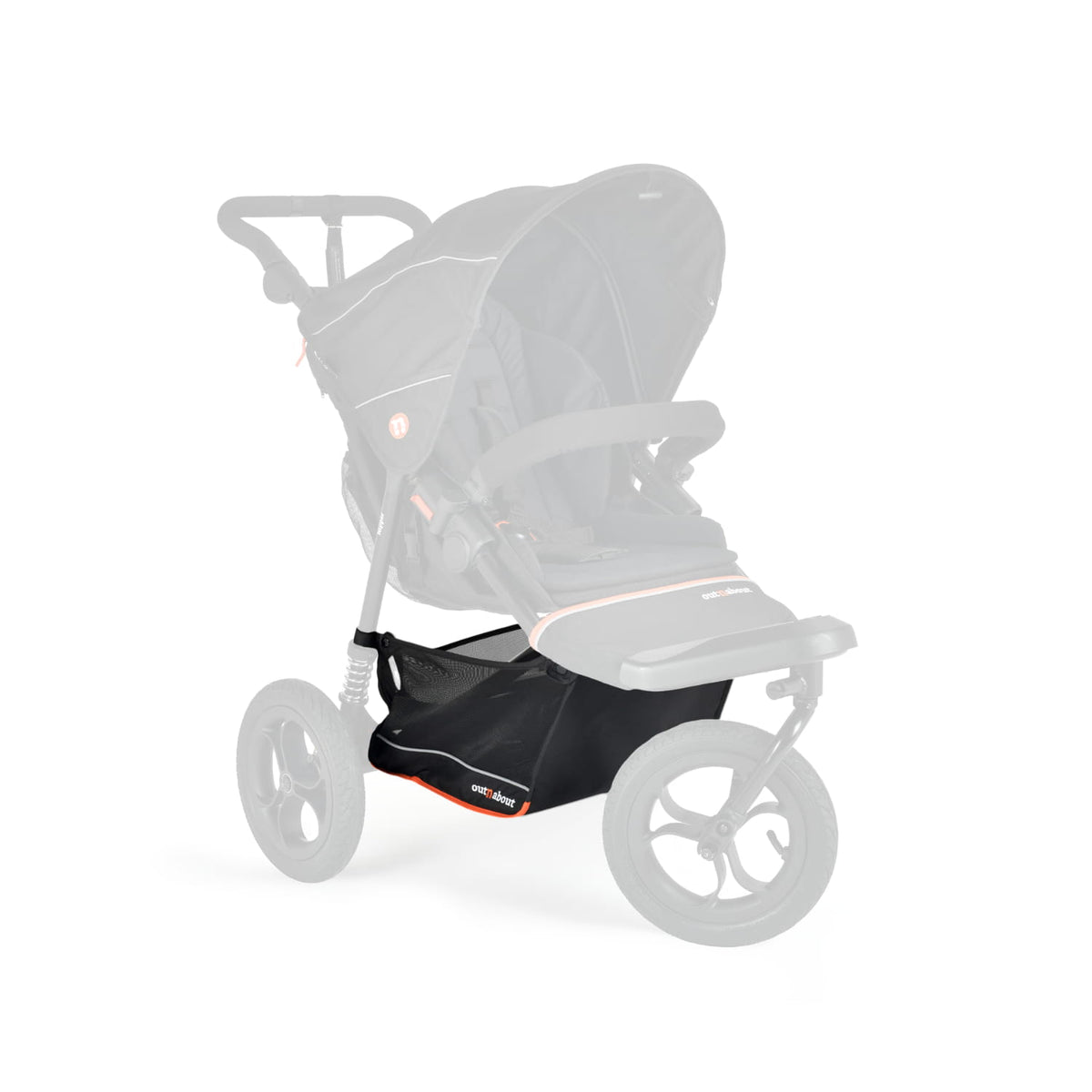 Single storage basket fitted underneath an Out 'n' About Nipper Single buggy greyed out